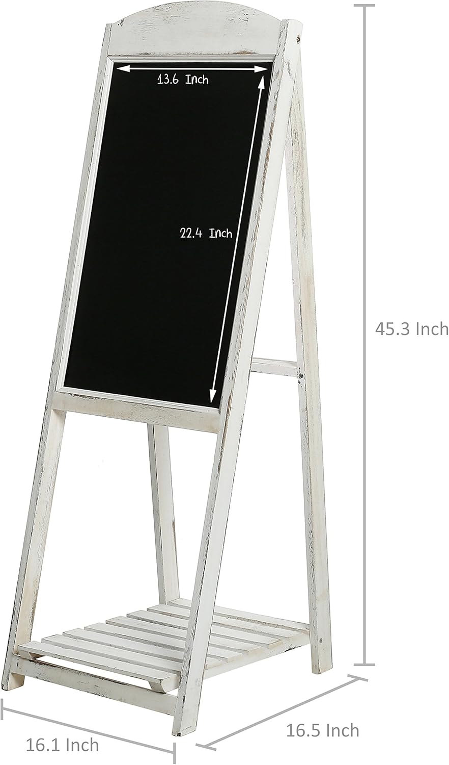 MyGift 45 Inch Tall Vintage White Weathered Paulownia Wood Sidewalk Chalkboard Sign with Plant Shelf Stand, Freestanding A-Frame Easel Erasable Message Board