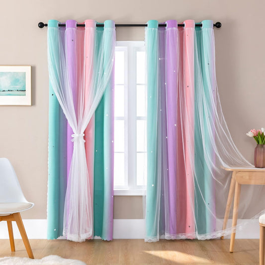 XiDi Curtains for Girls Bedroom Decor, Rainbow Blackout Curtains for Kids/Little Girl Room Decor, Unicorn Wall Decals,Pink Purple Green,63 x 34 inches,1 Panel