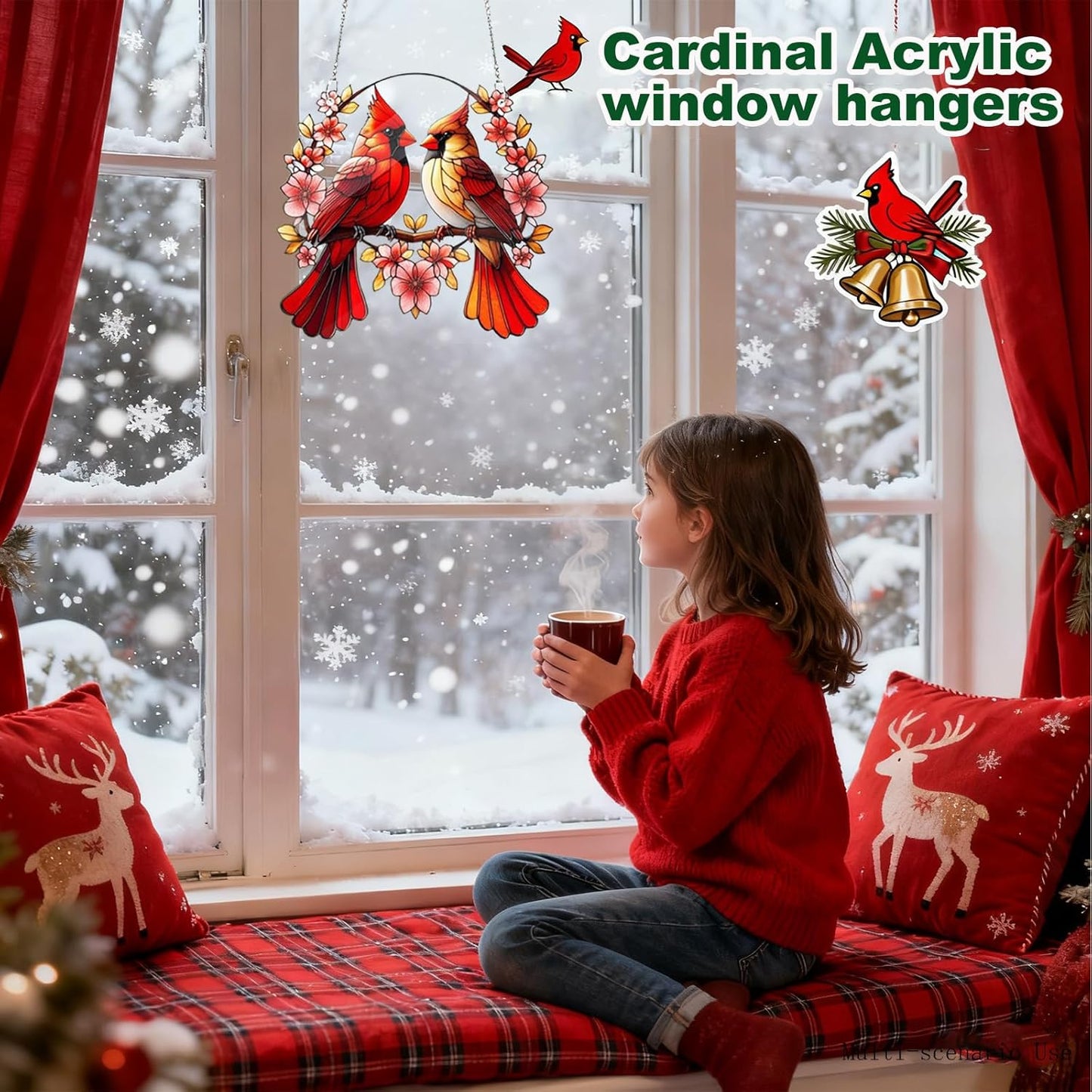 Acrylic Window Hanging Cardinal Suncatcher Decor,Red Bird Suncatcher Panel Outdoor Wall Art Stained Panel Hangings Gift for Home Garden Ornament for Birds Lover