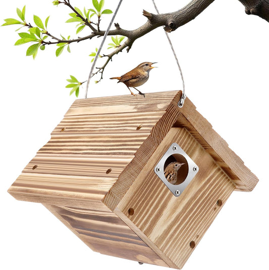 Dreyoo 1 Pack Wren House with Metal Guard, 1-1/8'' Entrance Hole Hanging Wren Bird Houses for Outside for Nesting with Air Vents, Pine Wood for Chickadees, Charcoal