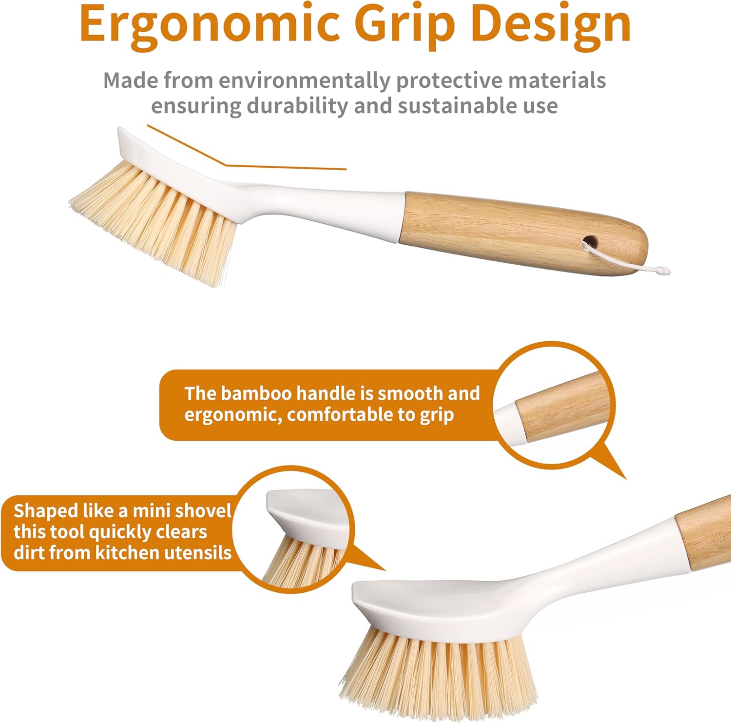 2 Pack Kitchen Dish Brush Bamboo Handle Dish Scrubber Built-in Scraper