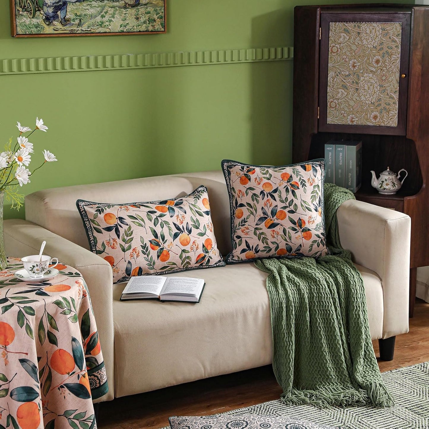patdrea Designer Throw Pillow Covers Set of 2,Square Green Vintage Rustic Linen with Oranges Harvest Pattern Pillow Cover,Decorative Pillowcases Cushion for Bed Living Room Outdoor Car,18"x18"