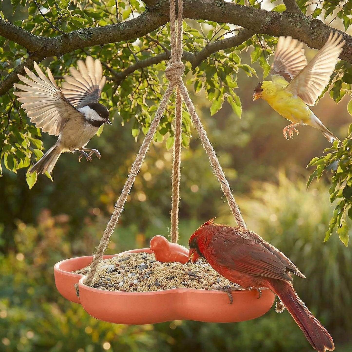 Kingsyard Hanging Bird Feeder and Bath for Outside, 9" Vintage Imitation Ceramic Platform Bird Feeder Tray for Outdoors, Heavy Water Bowl Birdbaths for Garden Patio Decoration Gifts, Orange