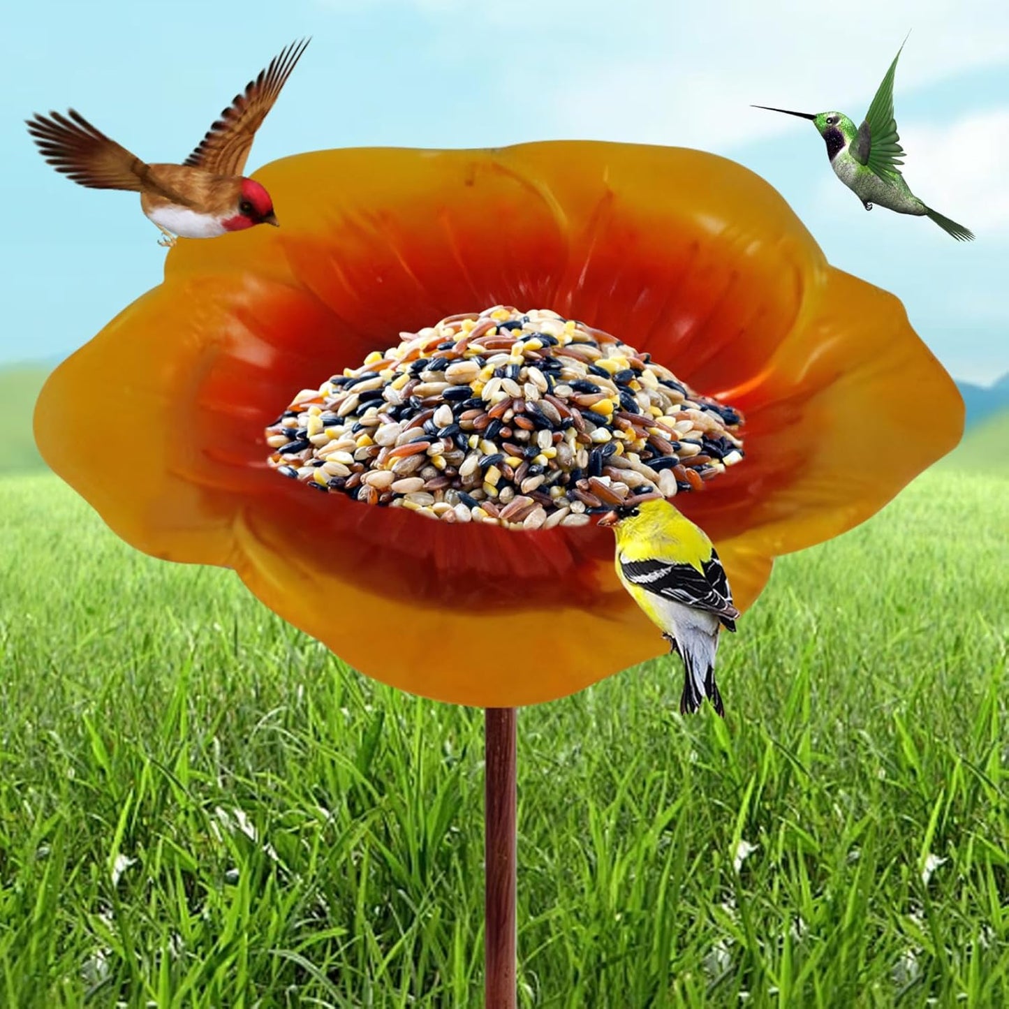 Bird Feeder with Stake Flower Shape Bird Bath 9.5x25in Ground Feeder Exquisite Decorative Bath for Outside Yard Garden, Gold Brown