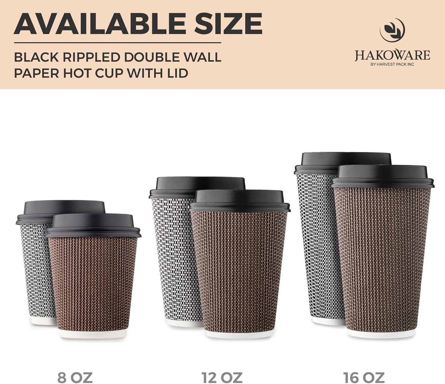 [85 SET]Harvest Pack 16 oz Disposable Coffee Cups, Insulated Ripple Double-Walled Paper Cups with Lids, Brown Geometric, Drinking Cups for Tea Hot Chocolate Drinks To go coffee cups