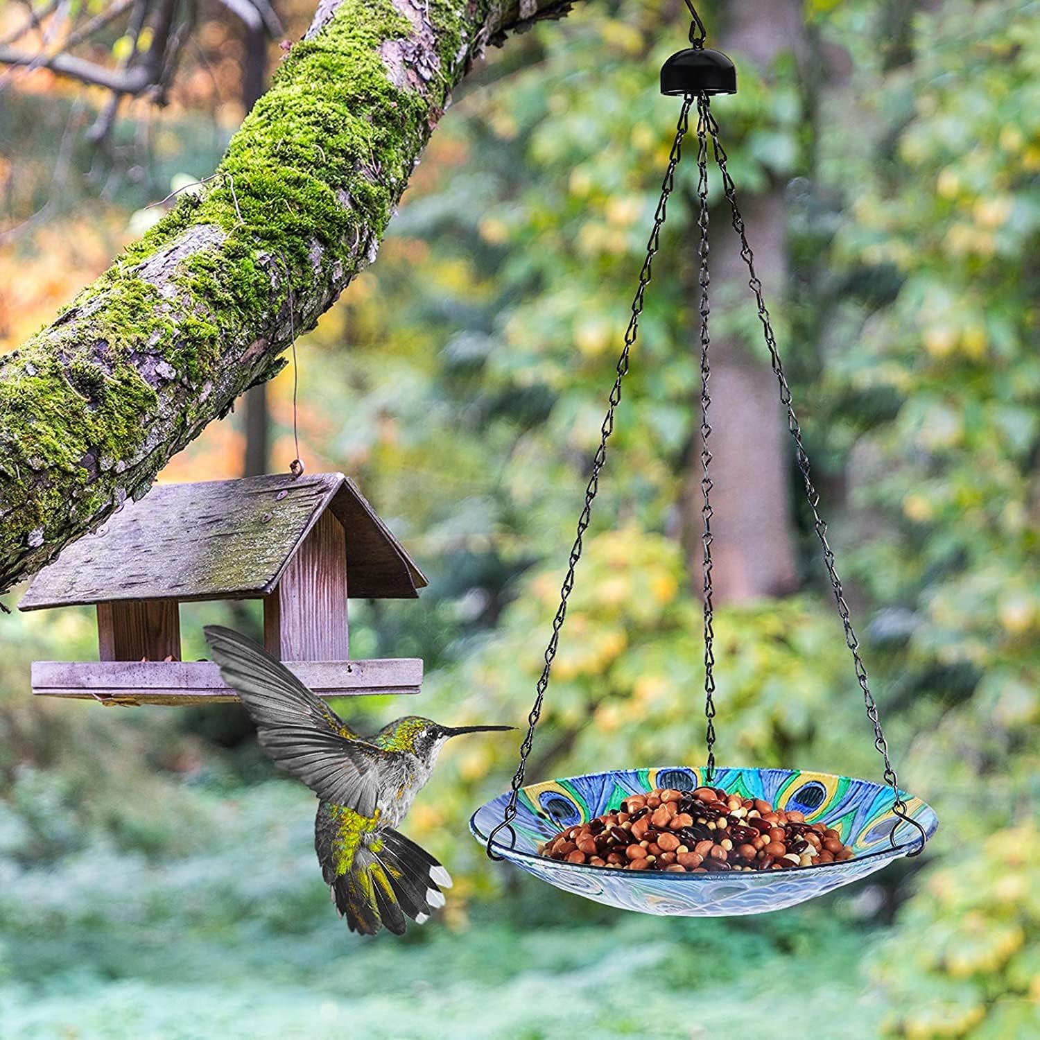 VCUTEKA Bird Bath Hanging for Outdoor Glass Small Bird Feeder Bowl Gar