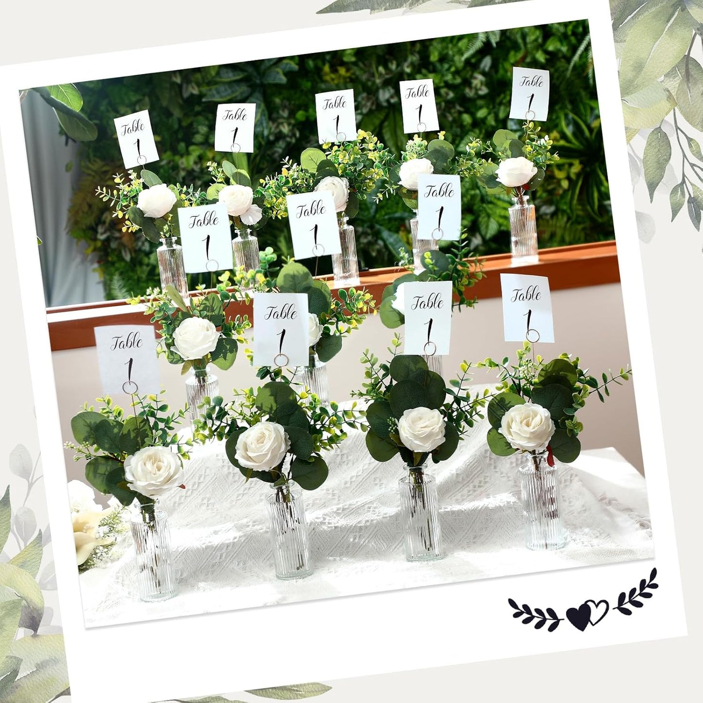 12 Set Artificial Flowers with Vases and Table Number Holder 72 Pcs Glass Bud Vases, Fake Plants and Card Holder Picks Flower Table Centerpieces DIY Set for Wedding Home Dining Party Decor