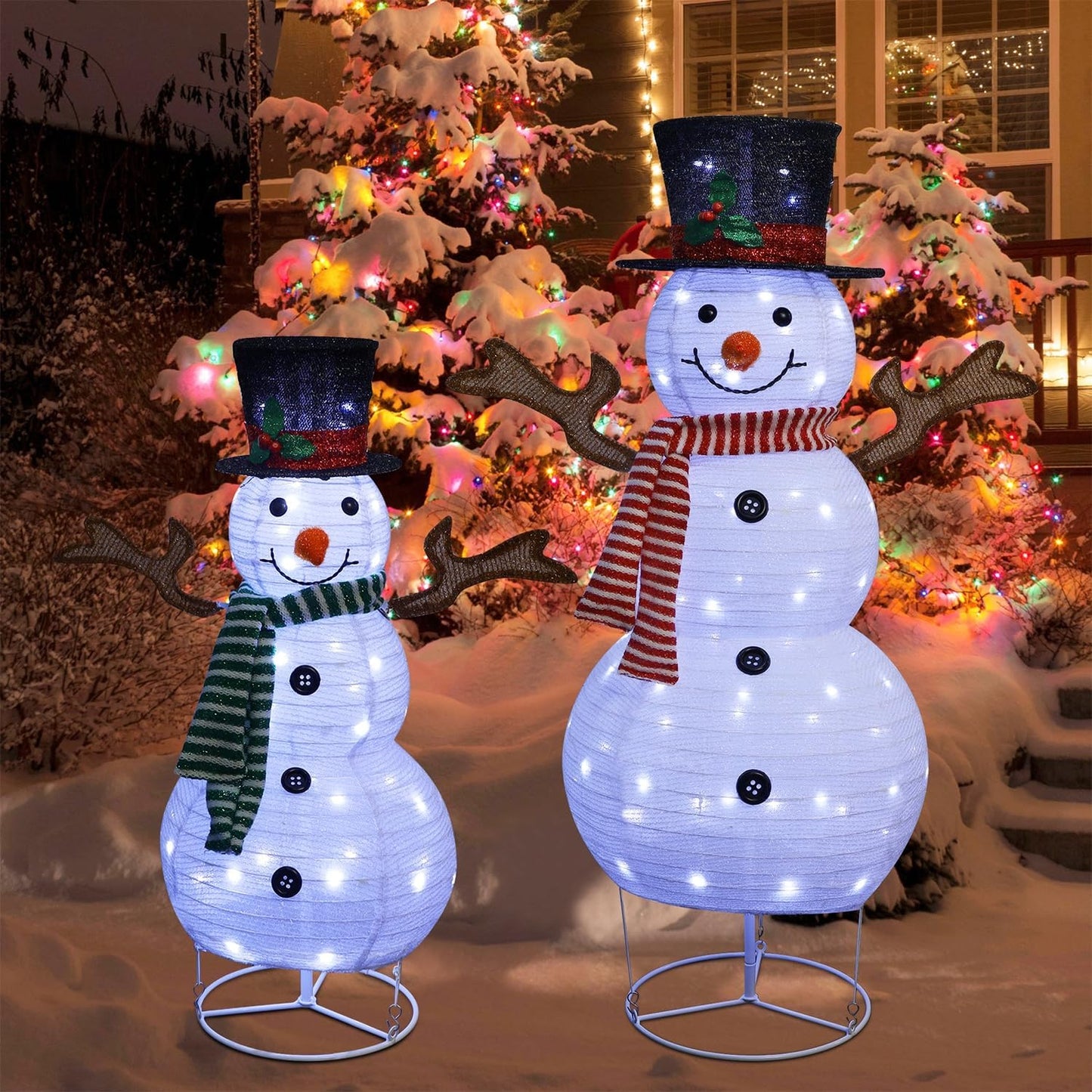 Juegoal Set of 2 Lighted Christmas Snowman Decorations, 3.5+2.3FT Outdoor Collapsible White Snowmen with LED Lights, Pre-Lit Pop Up Xmas Yard Display, Plug in for Holiday New Year Winter Lawn Garden