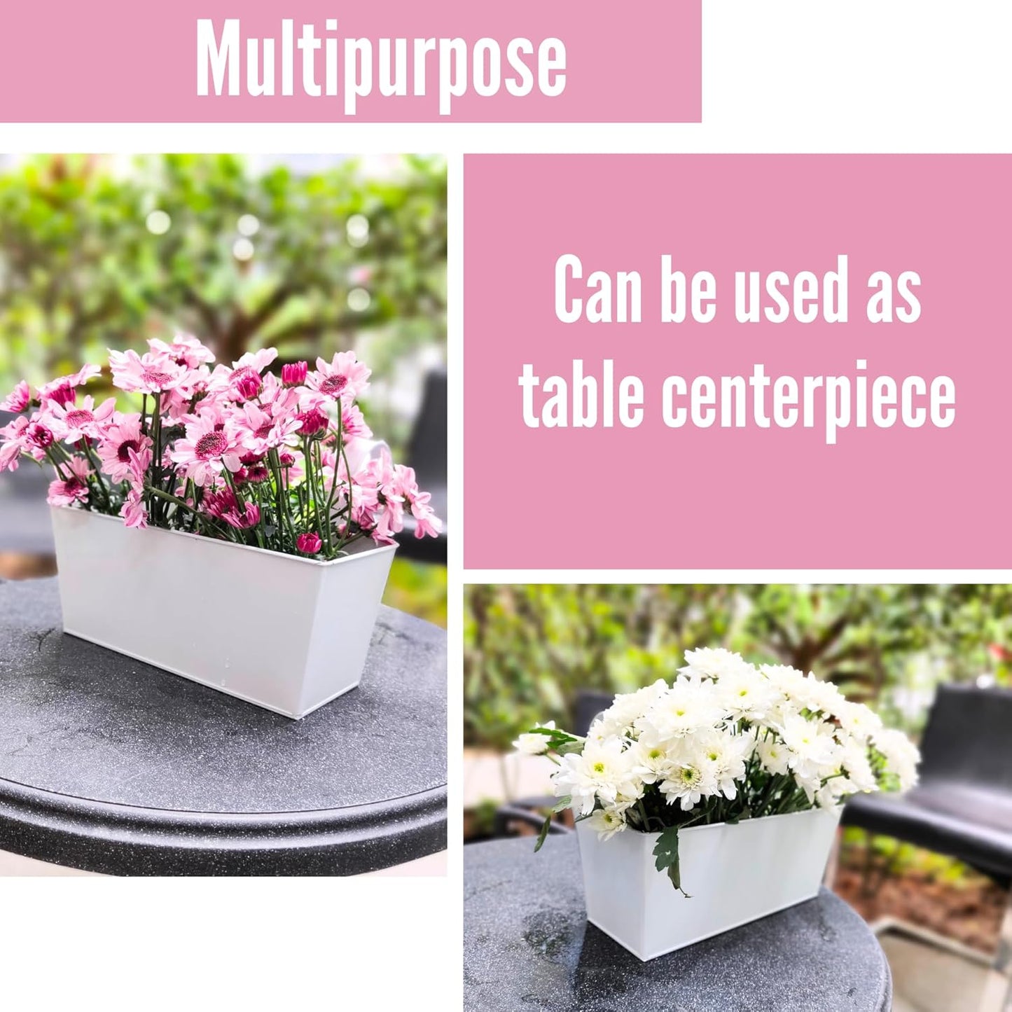 LaLaGreen Rail Planter Box (4 Pack, 16 Inch) Large White Metal Hanging Flower Pots, Rectangle Outdoor Strawberry Plant Holder Window Balcony Deck Railing Fence Minimalist Farmhouse Countryside Style