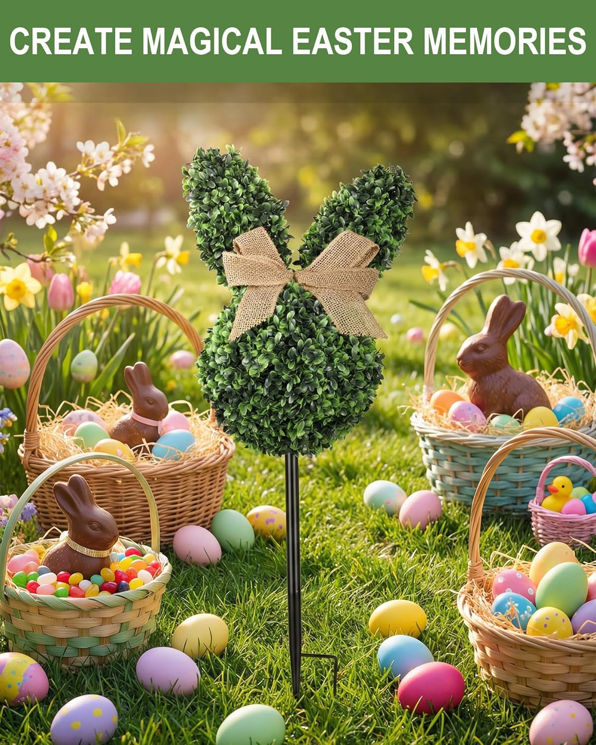 24 Inch Easter Bunny Topiary, Artificial Boxwood Rabbit Tree with Grou