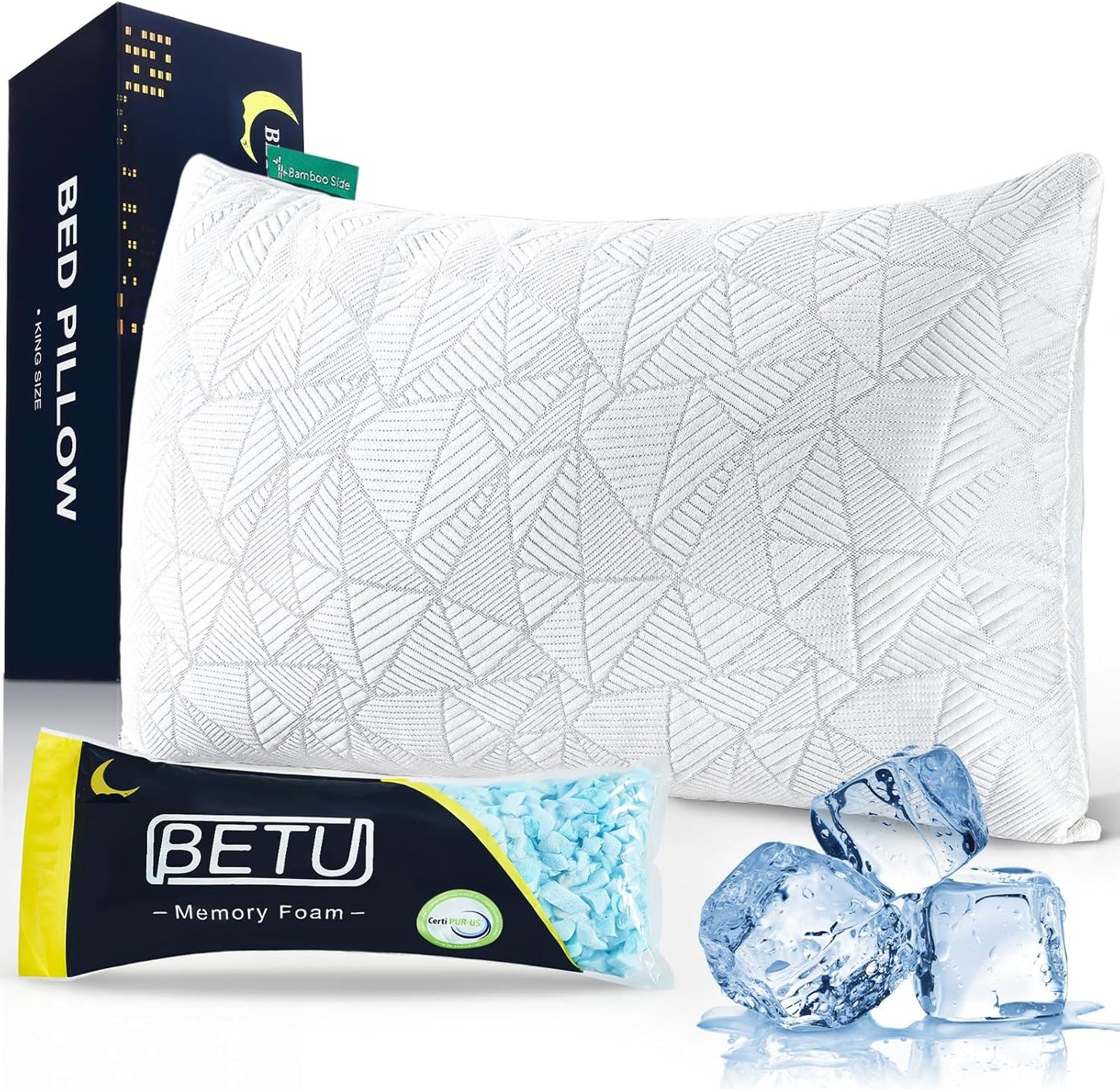 BETU Cooling Pillow Queen Size, Shredded Memory Foam Cool Pillow for Hot Sleepers, Adjustable Firm Soft Support Bed Pillows Perfect for Back Neck Pain and Side Sleeping with Pillow Case Cover, White