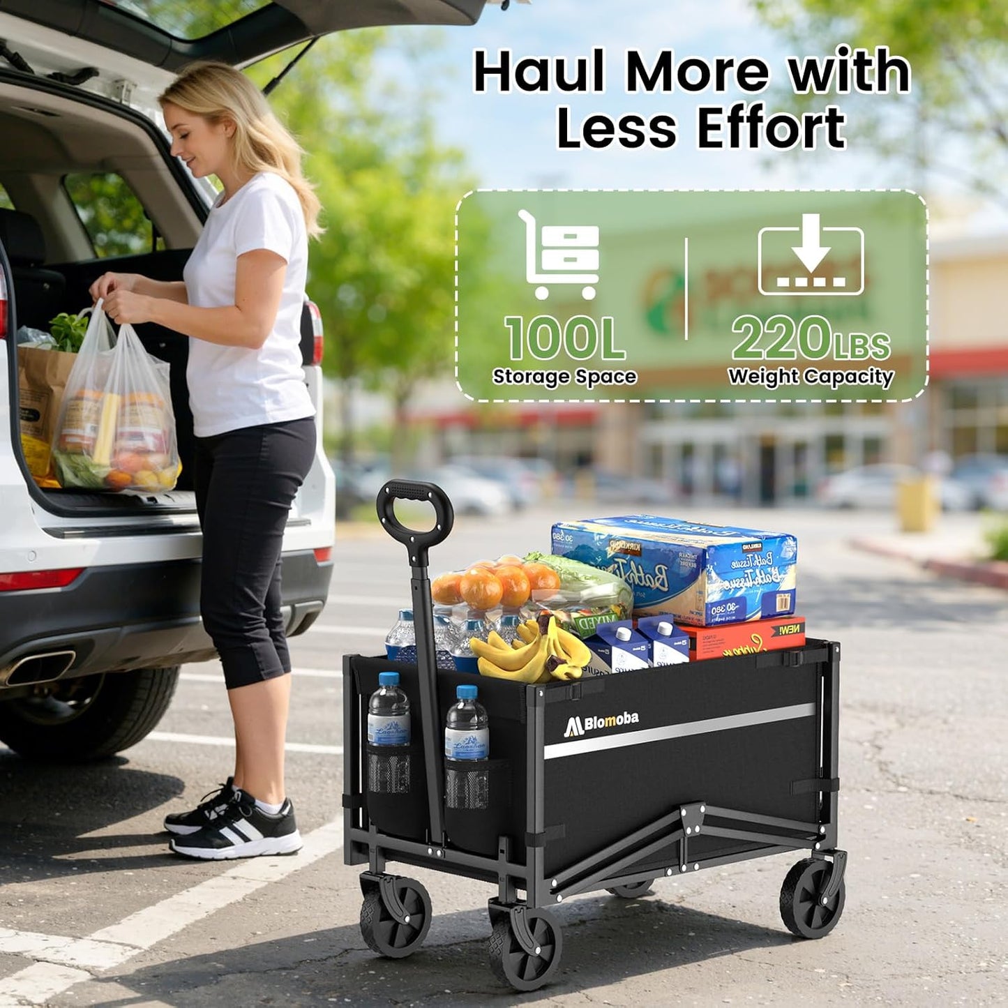 Collapsible Wagon Cart, Flexible Handle, Portable Collapsible Wagon with All-Terrain Wheels 360° Rotation, 220LBS Heavy Duty Utility Cart for Garden Camping Grocery Sports Shopping Beach