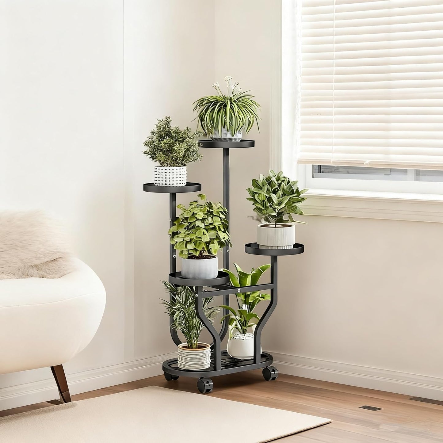 Plant Stand Indoor Outdoor 4 Tier Flower Holder with Wheels Metal Plan