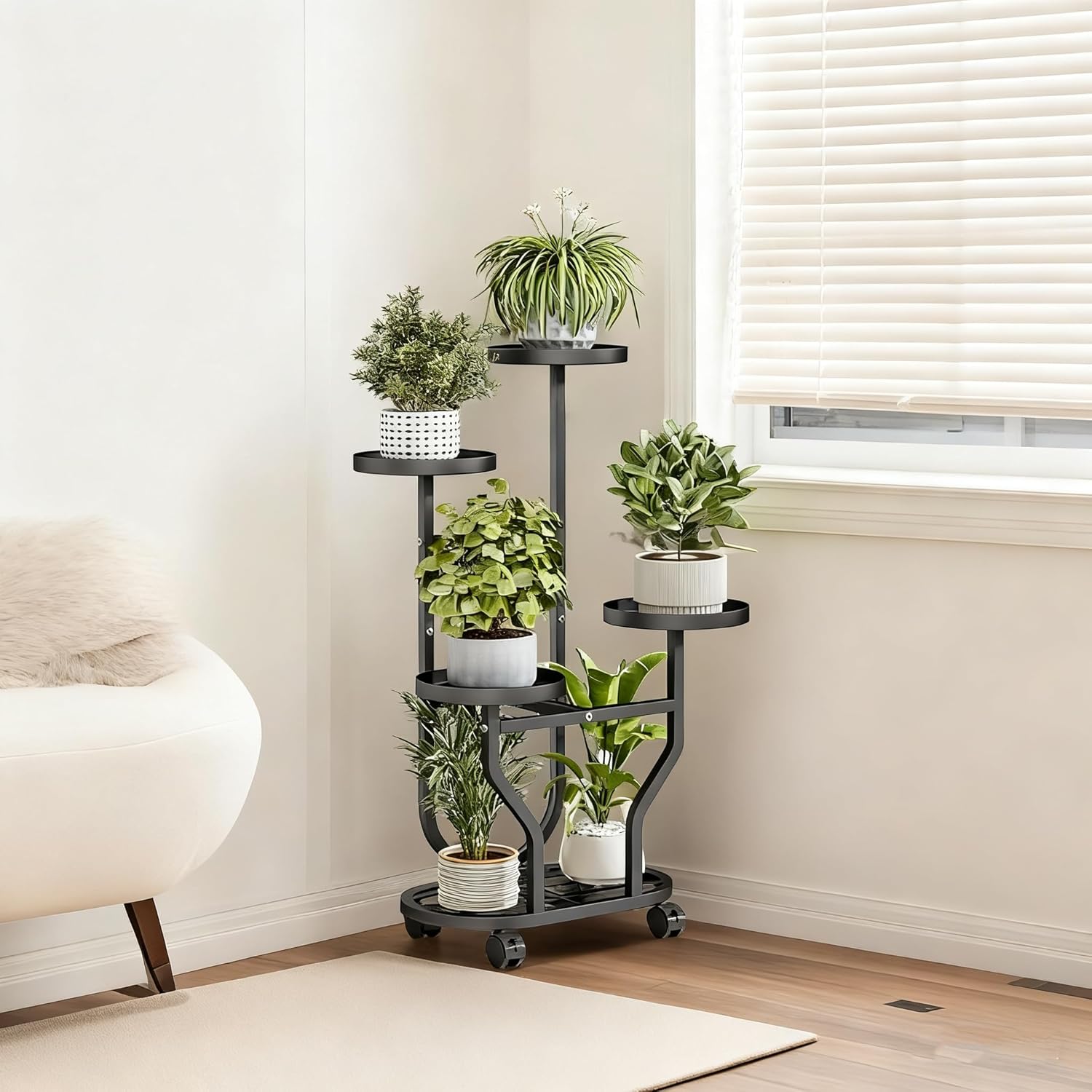 Plant Stand Indoor Outdoor 4 Tier Flower Holder with Wheels Metal Plan