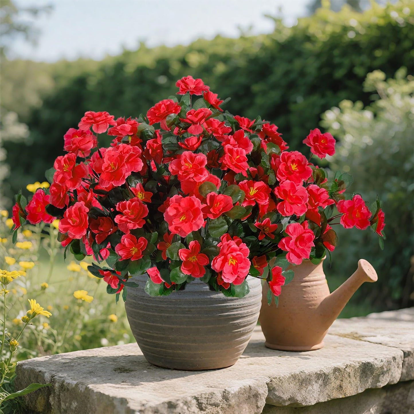 6 Bundles Artificial Flowers for Outdoors UV Resistant Faux Silk Camellia Red Flowers for Planter Front Door Porch Patio Home Garden Balcony Decoration
