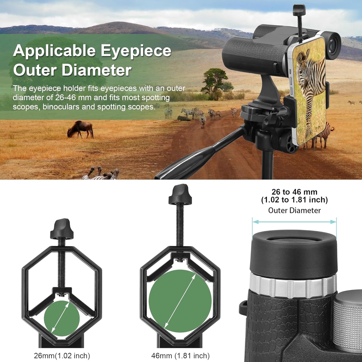 Alstar Universal Cell Phone Adapter Mount Support Binocular Monocular Spotting Scope Telescope and Microscope Optical Device - Black