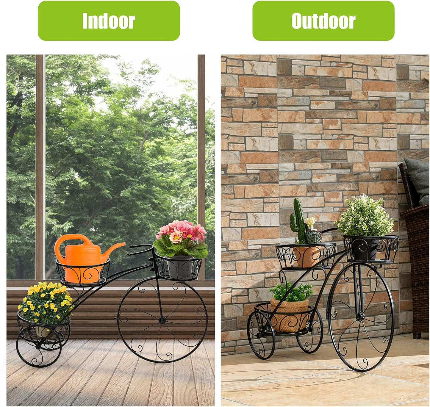 Bicycle Planter, Flower Pot Stand with 3 Decorative Wheels, 3 Collection Baskets, Metal Steel Frame, Tricycle Plant Stand for Outdoor, Indoor, Home, Balcony, Patio, Garden, Backyard