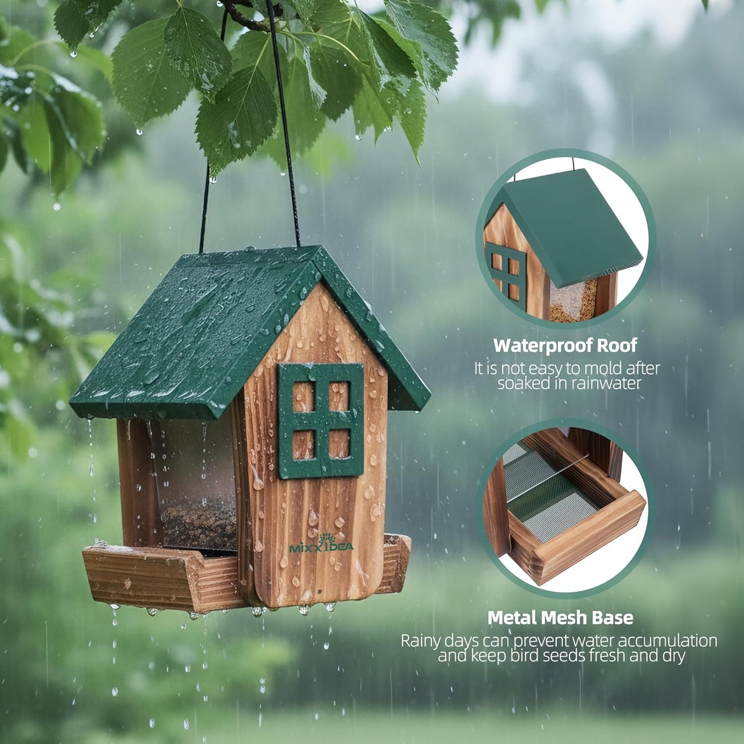 MIXXIDEA Bird Feeder for Outdoors Hanging, Wooden Bird Feeder House with Weatherproof Roof & Metal Tray, Attracting Wild Birds for Outside, Yard, Garden Decoration, Green