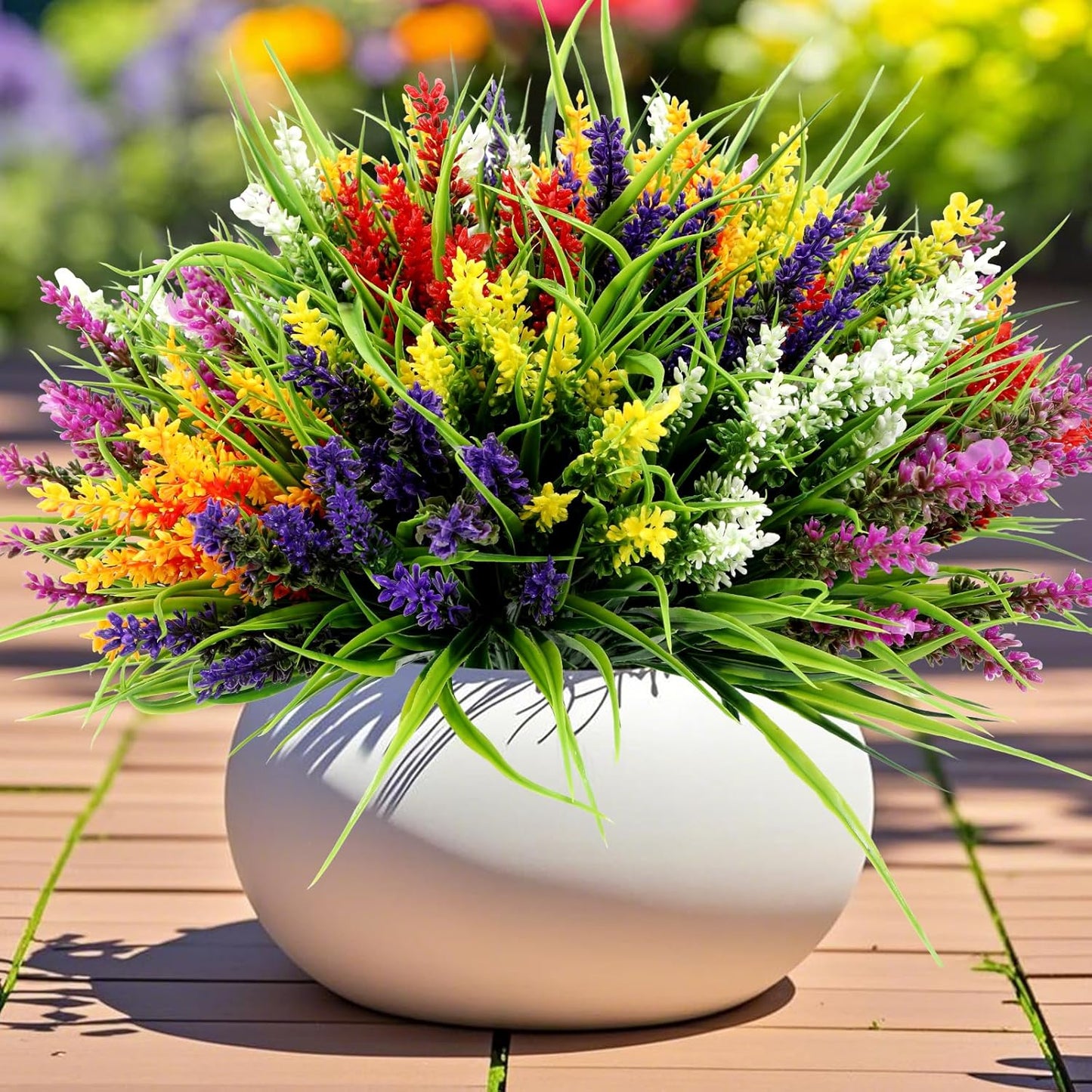 Geegoods Artificial Plants Flowers Outdoor – 24 Bundles UV Resistant Faux Lavender Flowers with Monkey Grass for Garden Porch Window Patio Hanging Planter Decor