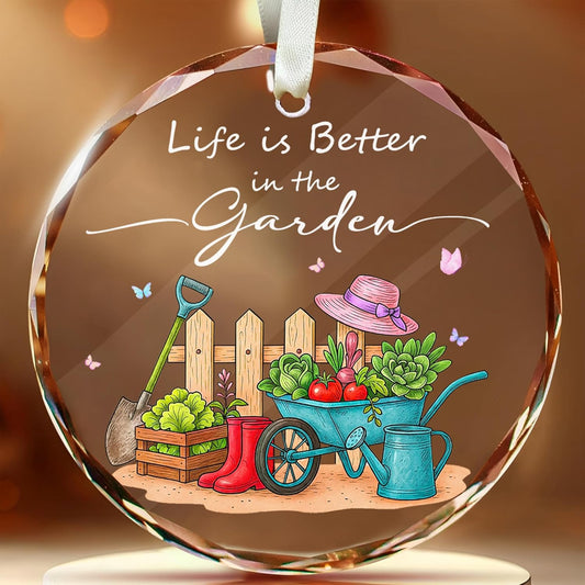 Life is Better in The Garden Ornament – Colorful Gardening Tools & Plants Design for Garden Lovers – Crystal Keepsake for Home or Garden Decor