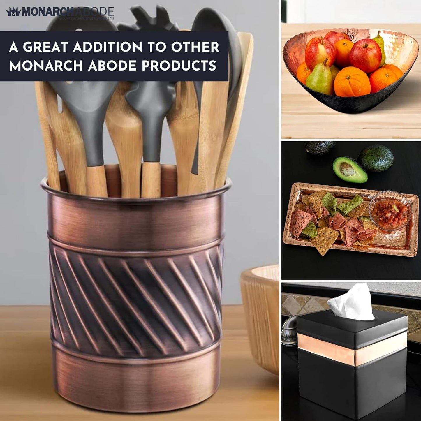 Monarch Abode Kitchen Utensil Holder – Wave Embossed Metal Antique Copper Utensil Holder, Decorative Utensil Crock for Kitchen Counter, Cooking Tool and Spatula Holder for Countertop, Caddy Organizer