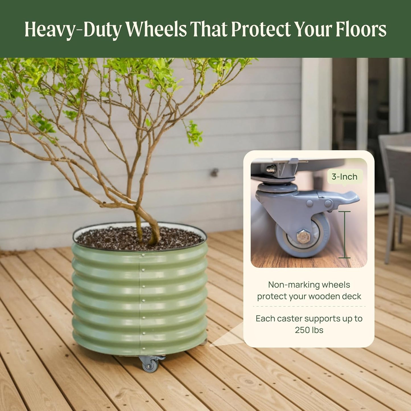 Rolling Metal Citrus Tree Planter Pot, 24″ Round Planter Box for Porch