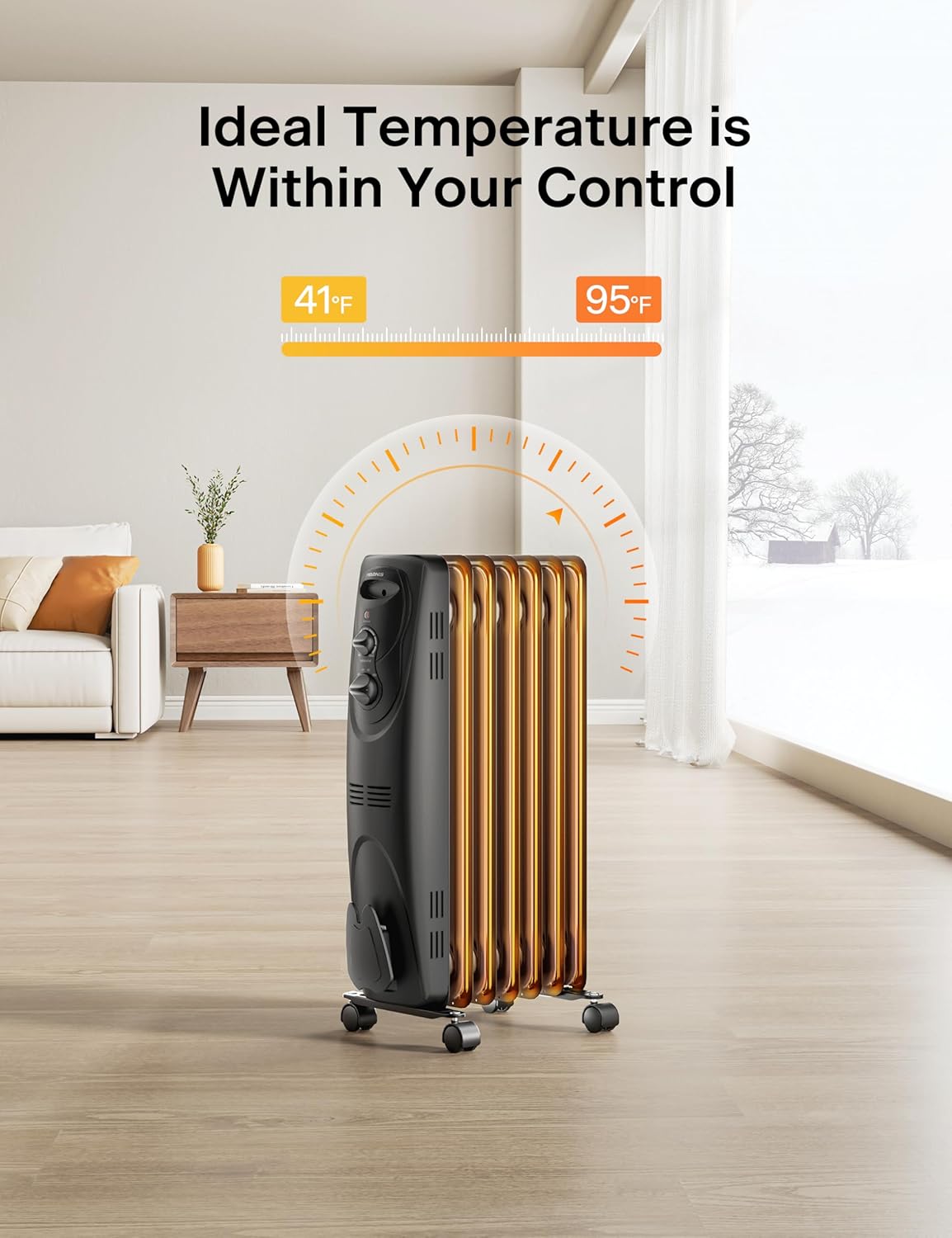 PELONIS Radiator Heater for Large Space, Electric Oil Filled Radiator, Dual Knobs, 1500W, Quiet Space Heater, 3 Modes, Tip-over Protection