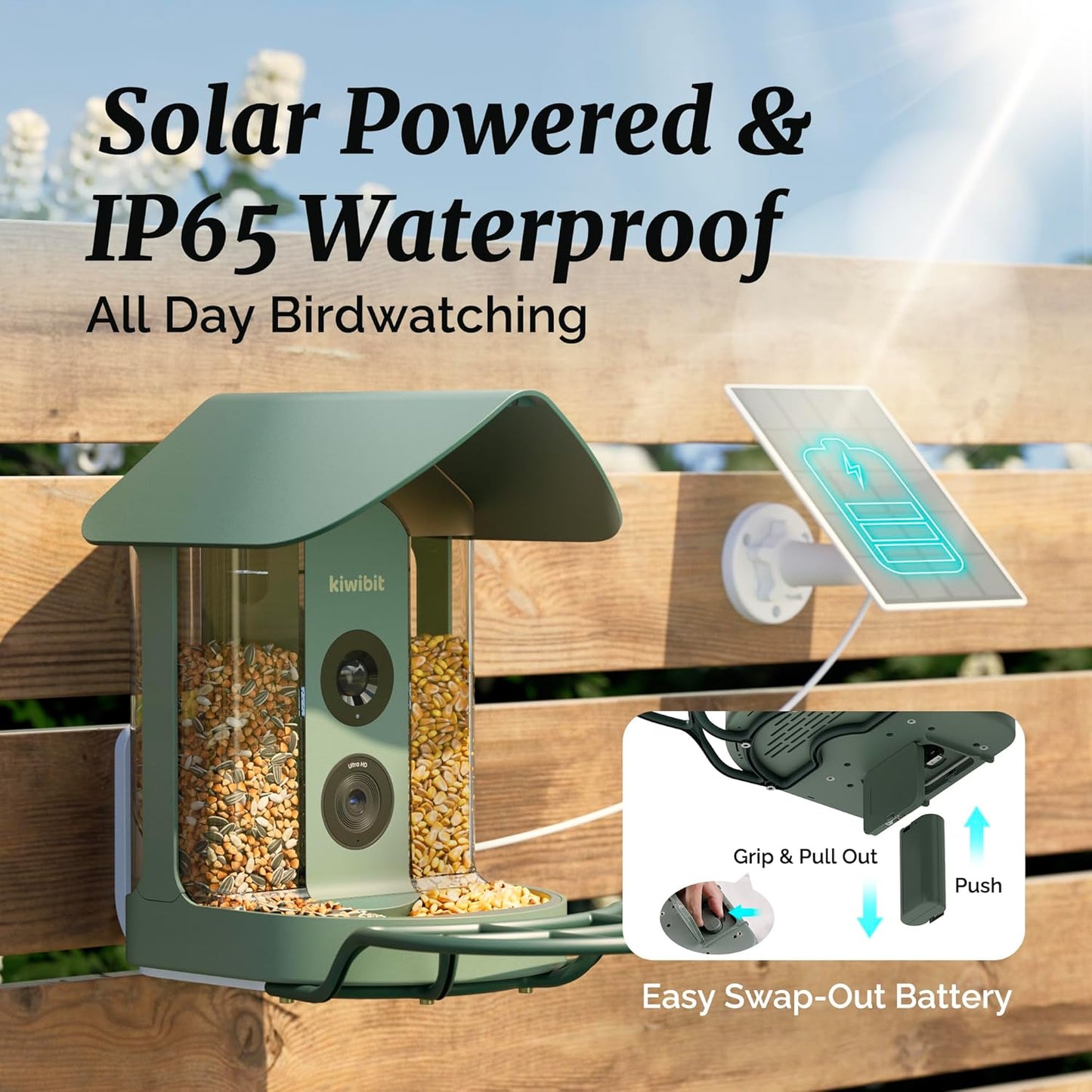 Smart Bird Feeder 4K AI Camera With Solar Panel For Outdoors, Bird Species Identification, 8MP Photos, 4K Video Livestream, Real-Time Bird Alerts, Birdwatching Gifts For Bird Lovers, Sage Pine