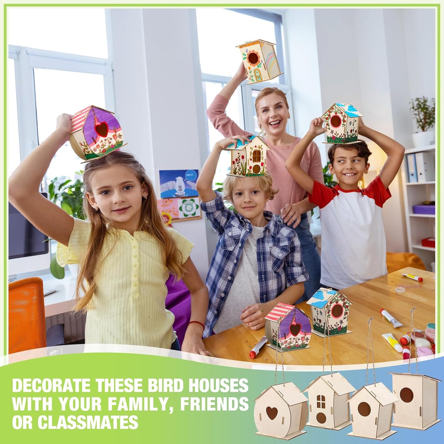 DoubleFill 12 Pcs Bulk Wooden Bird Houses Kits for Kids DIY Crafts and