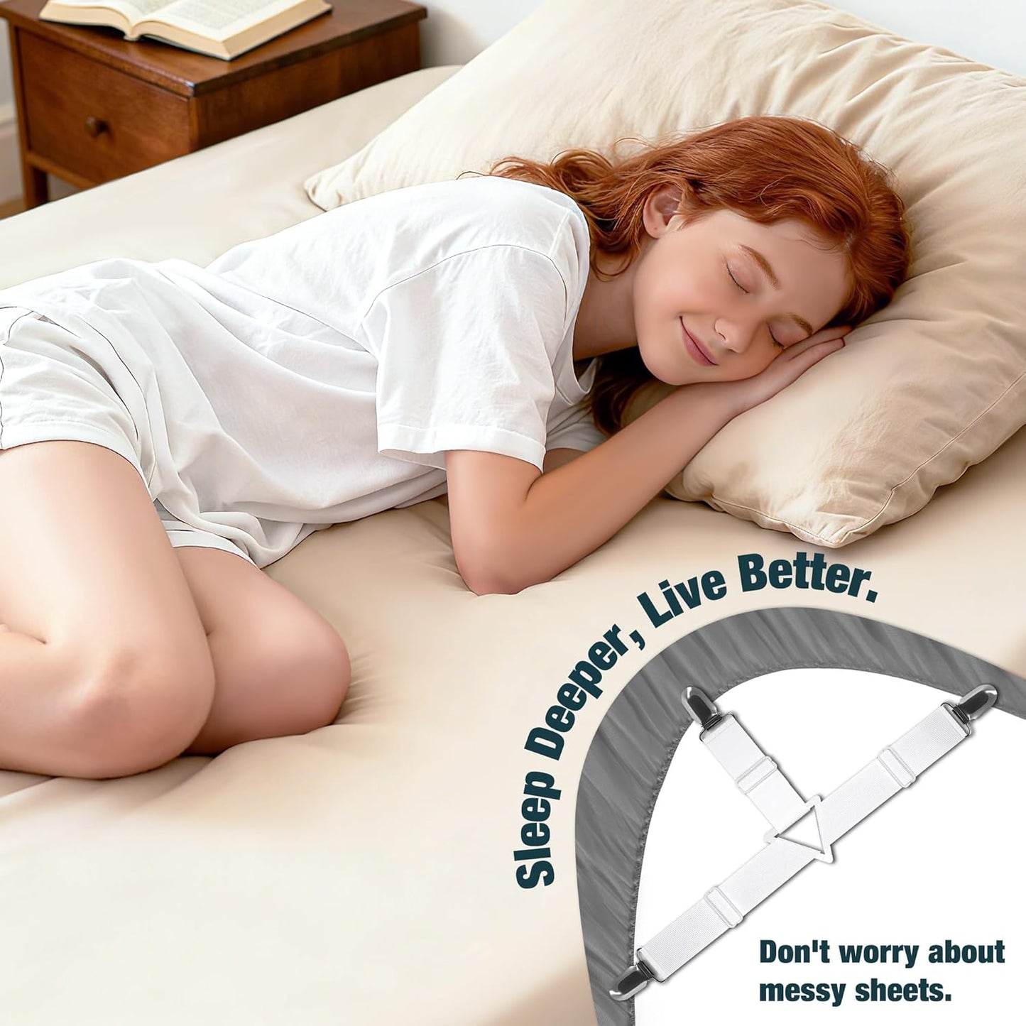 4 Pack Adjustable Elastic Straps with Metal Clips, Bed Sheet Fasteners in Assorted Four Sizes, Bedding Suspenders for Mattress Covers, Bed Corner Holders and Keepers (White)