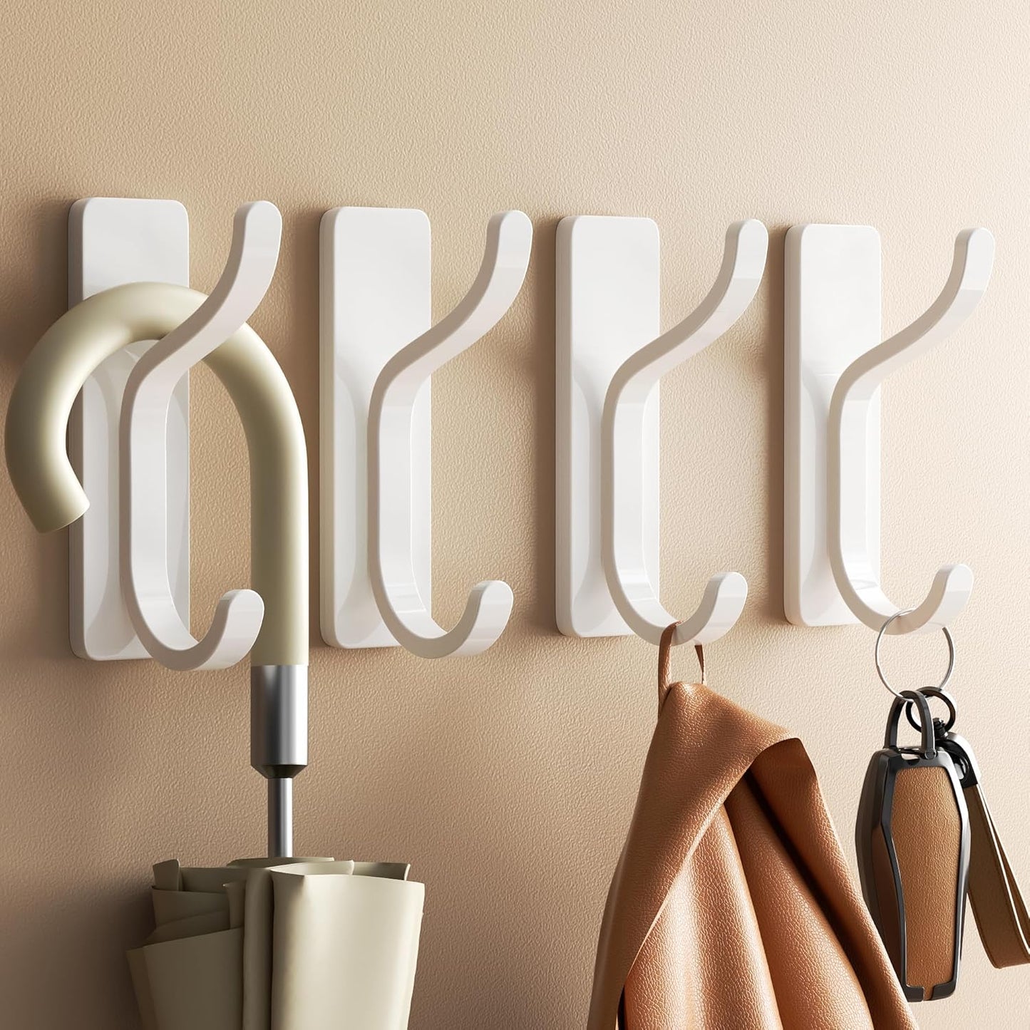 pickpiff Adhesive Wall Coat Hooks - Heavy Duty Stick-On Door Hanger, Metal Hook for Hanging Towel,Purse, Robe, Backpack, Jacket, Clothes - for Bathroom,Dorm, Closet, Kitchen - White, 4 Pack
