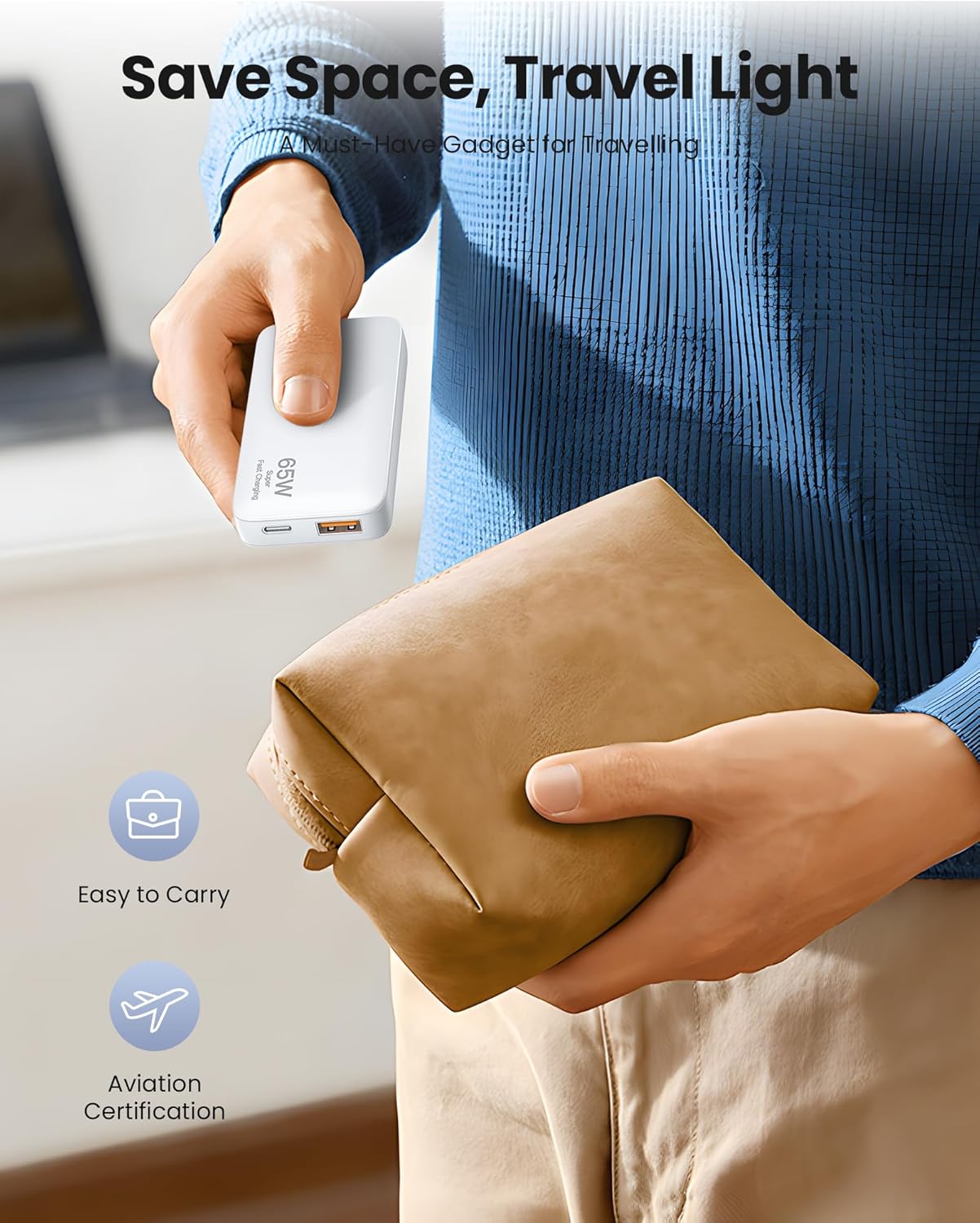 65W Ultra-Thin Foldable Charging Plug USB-C, Portable Mobile Phone and