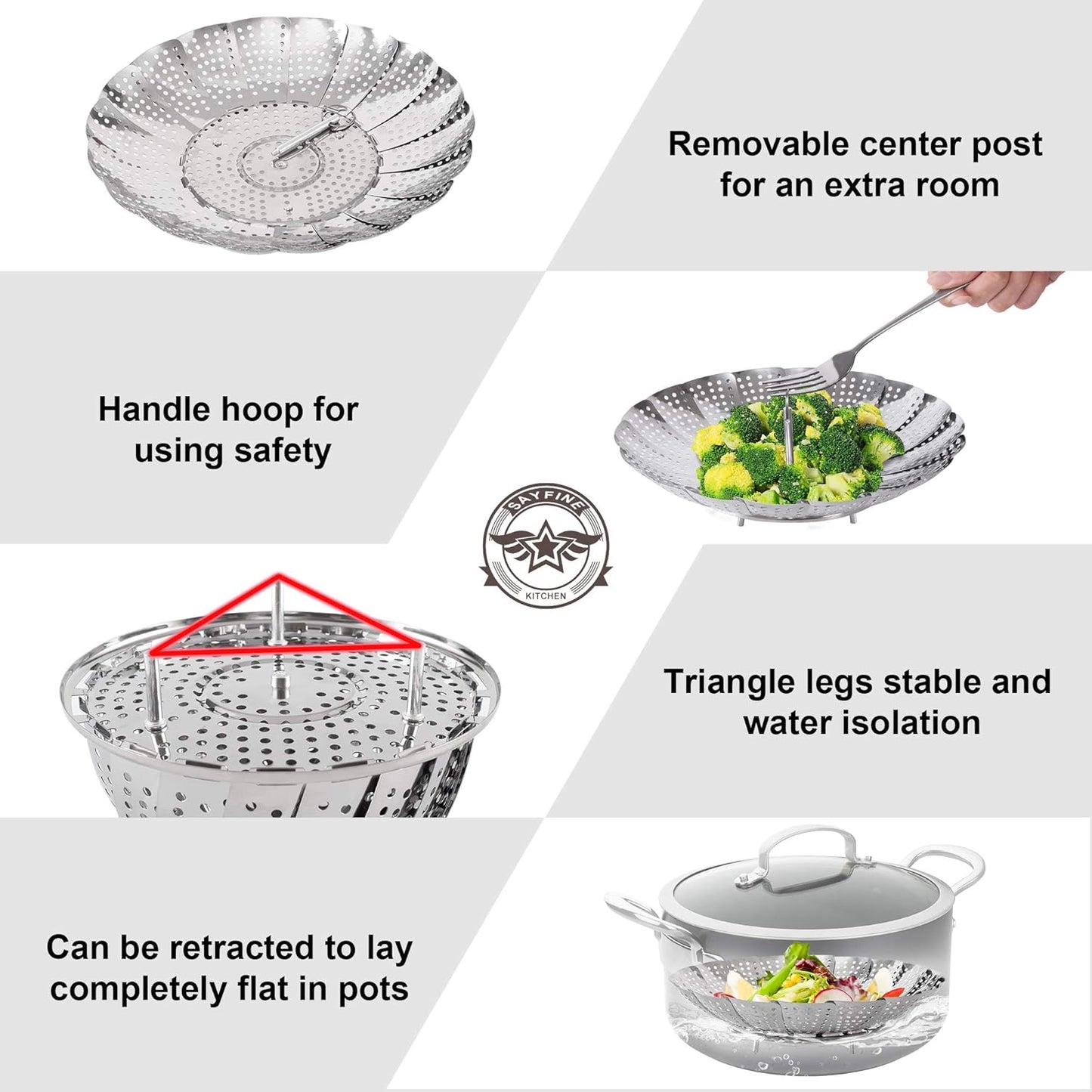 Steamer Basket, Stainless Steel Vegetable Steam Baskets for Steaming Cooking Expandable to Fit Various Size Pot (5.5" to 9.3")