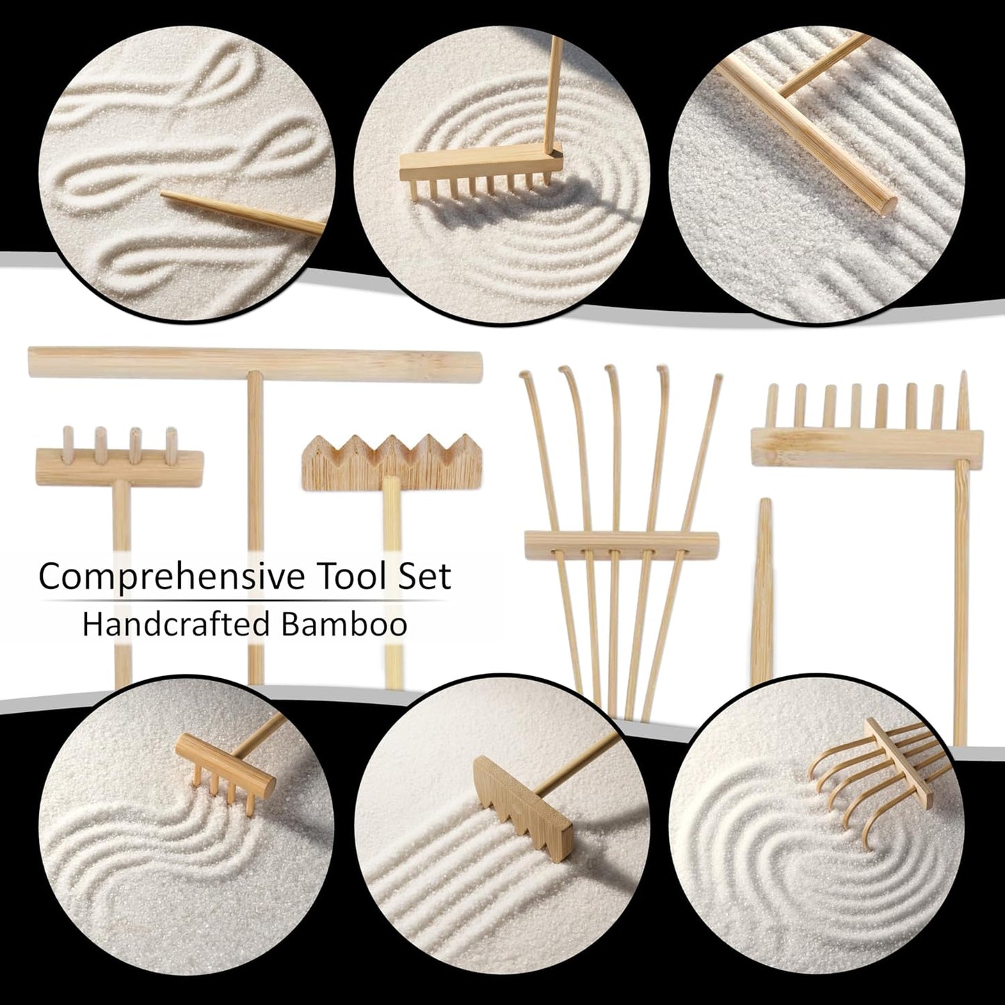 Zen Garden Kit 11x8in. Beautiful Japanese Decor Mini Rock Feature Gift Set for Home, Office Desk. Zen Sand Garden, 6 Tools, 15 Accessories. Sand Tray Therapy Desktop Meditation Room