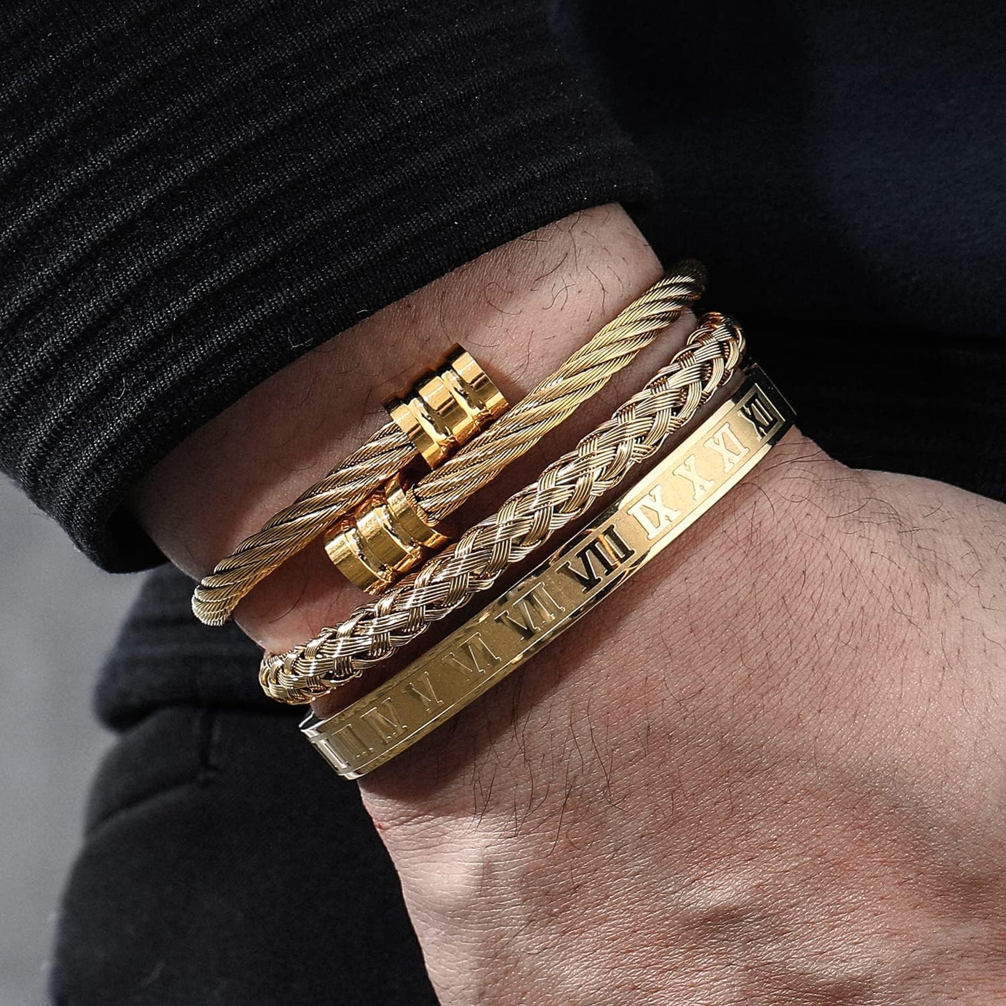 WFYOU 3PCS Stainless Steel Bracelets for Men Gold Roman Numeral Bangle
