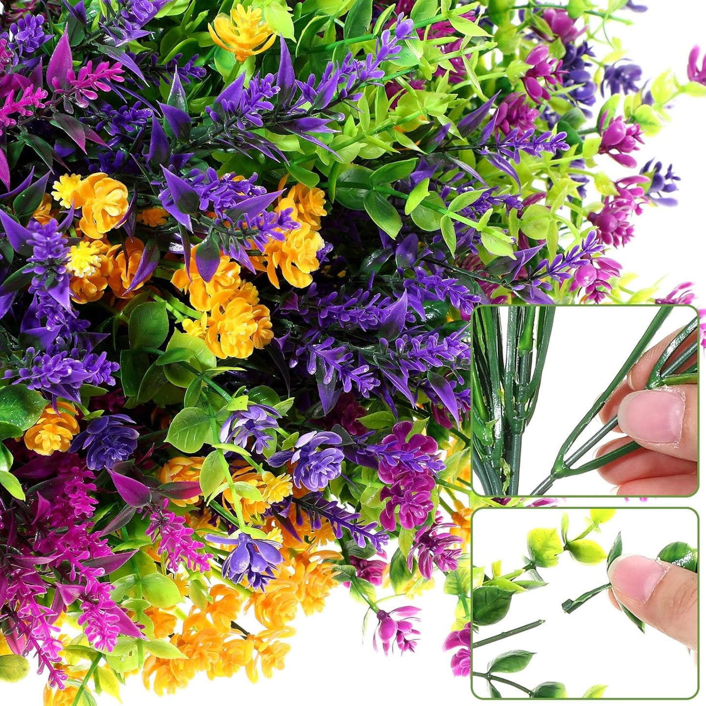 Hoteam 48 Bundles Artificial Faux Flowers Plastic Flower Plants Faux Outdoor Flowers Boxwood Plastic Shrubs Plants for Patio Porch Garden Home Farmhouse Vase Pots Hanging Planters (Classic)