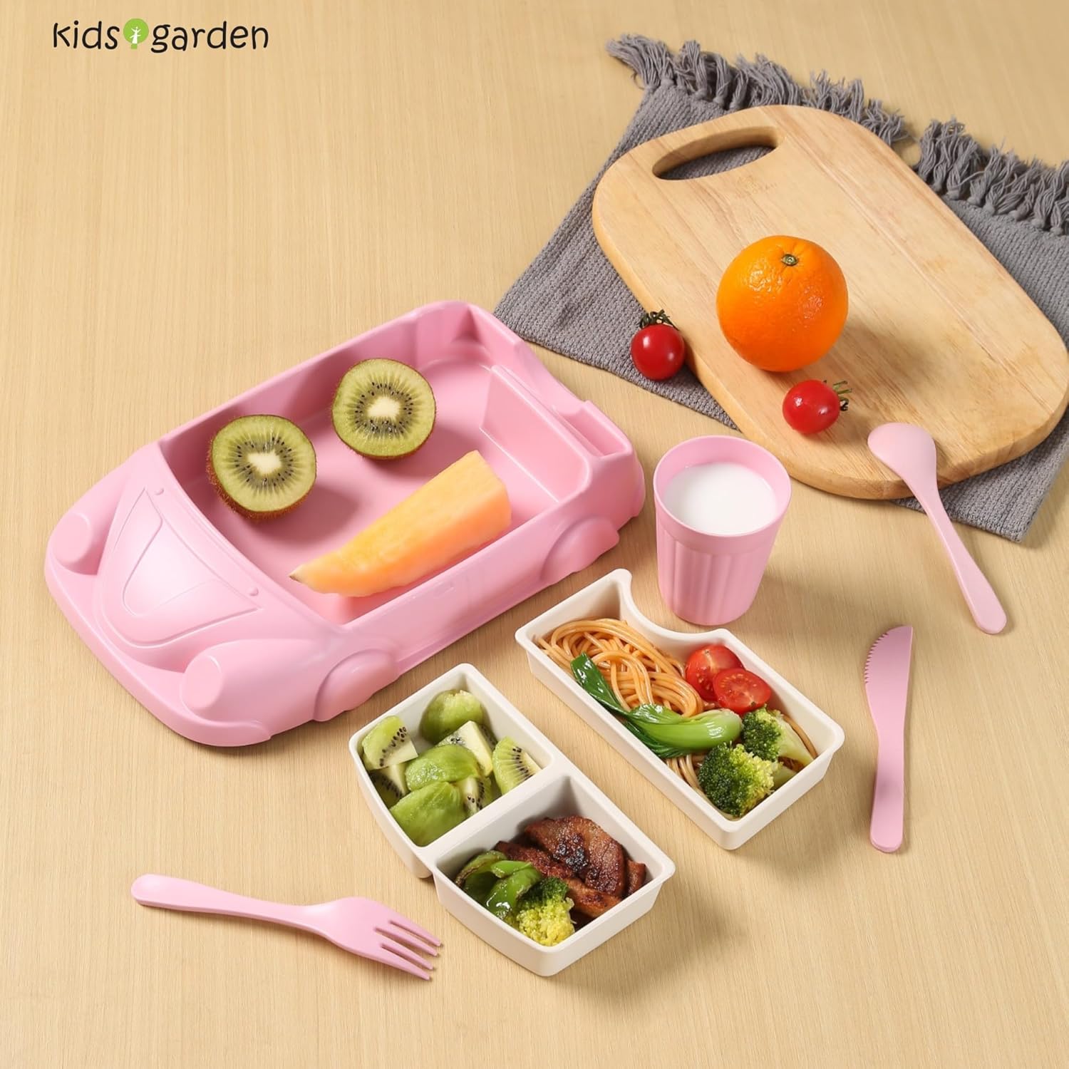 Kids garden Car Plate 8Pcs/Set Bamboo Children Dinnerware Sets - Dishw