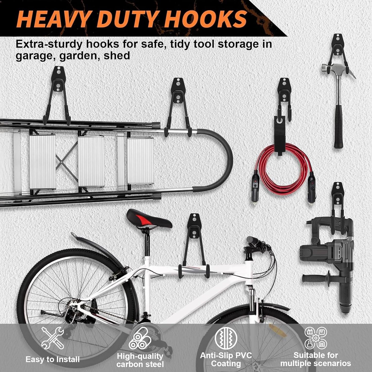 12 Pack Garage Hooks Heavy Duty, Wall-Mount Storage Hooks with Non-Slip Coating, Includes Screws & Anchors + 2 Extension Cord Straps, Shed Hooks for Hanging Bikes, Ladders, Garden Tools, Hoses, Ropes