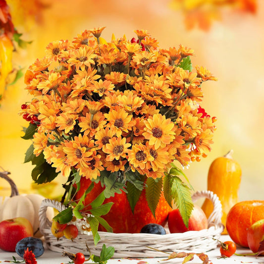 7 Bundles Fake Mums Artificial Fall Flowers for Outdoors Silk Daisy Floral Faux Mum Plants for Home Decor Indoor Outside Porch Pots Planters Potted Decorations (Orange)