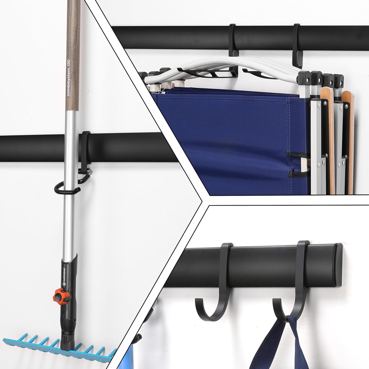 Wall-Mounted Rack With 6 Garage Hooks, Heavy-Duty Aerospace-Grade Aluminum Alloy Hooks Garage & Garden Storage for Shed, Workshop, or Home Organization – For Rakes, Shovels, Tools & More