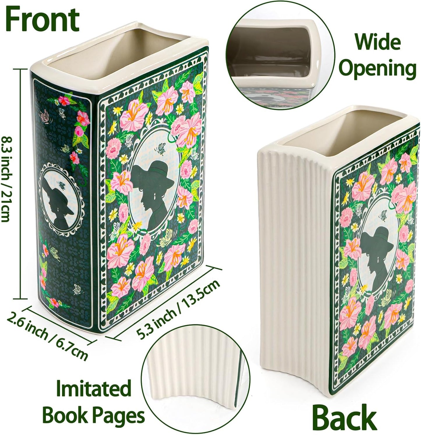 Foraineam Book Vase for Flowers Ceramic Book-Shaped Decorative Vases, Large Book Planter Pot Unique Flower Vases for Bookshelf Dining Table Desk Office Home Decor