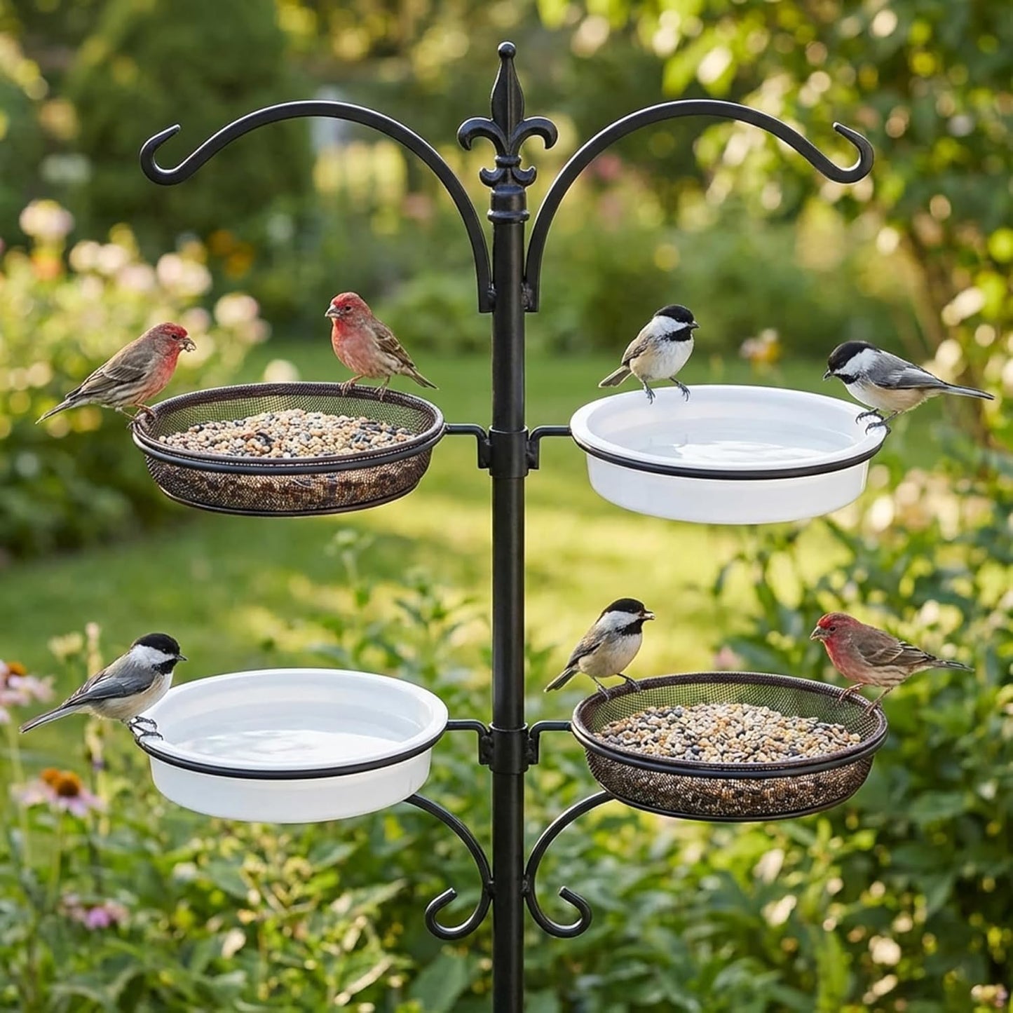 4PCS Bird Feeder Tray, Hanging Birdfeeder & Birdbath 2 Mesh Trays & 2 Water Bowls for Garden, Outdoor Wild Bird Feeding Station