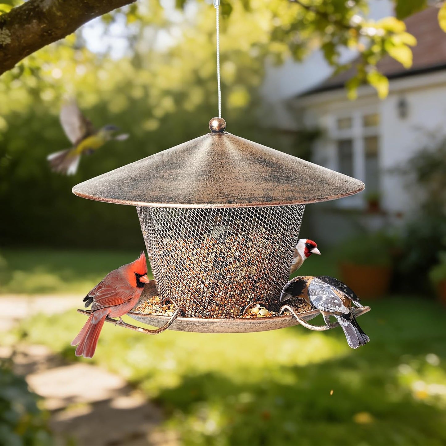 Bird Feeder for Outdoor, Rainproof Weatherproof Metal Hanging Wild Bird Feeder with 9.8" Roof 3 LBs Seeds Capacity, Easy to Clean & Refill