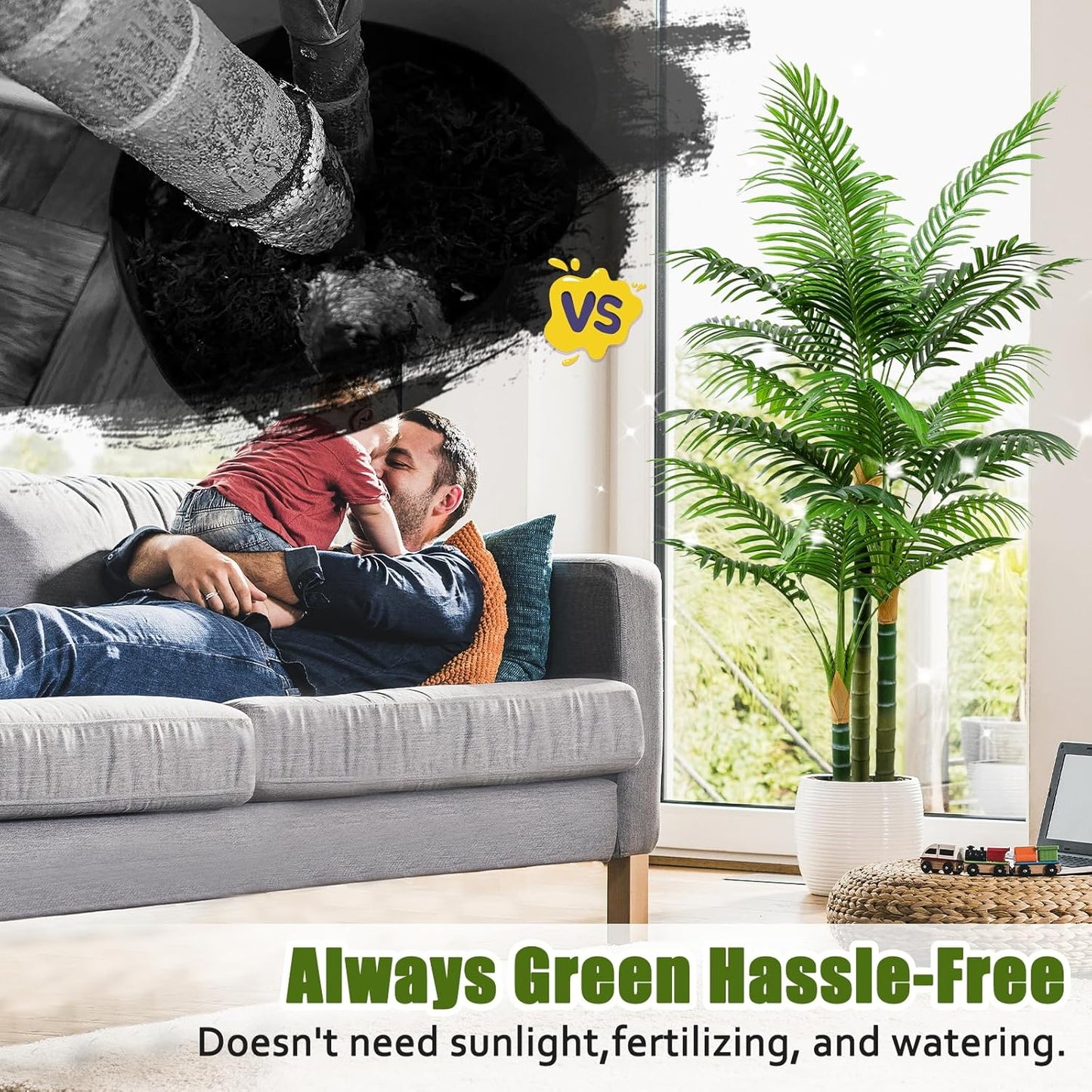 5ft Tall Golden Cane Artificial Tree Palm Outdoor, Large Artificial Plants Outdoor Faux Palm Tree with 3 Textured Trunks, Fake Tree for Indoor Outdoor Office Living Room Outside Patio