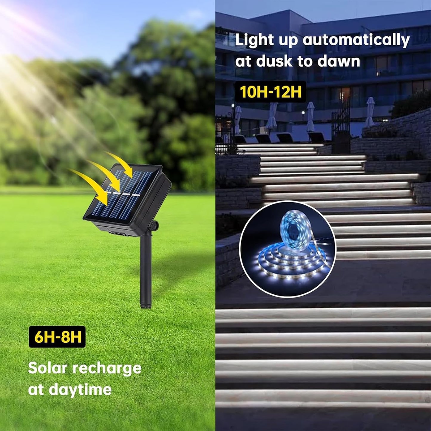 Solar LED Strip Lights Outdoor Waterproof 19.6FT 180 LED White Cuttable Solar Powered Tape Light for Outside, Pool, Stair, Accent Lighting (Upgraded Version)