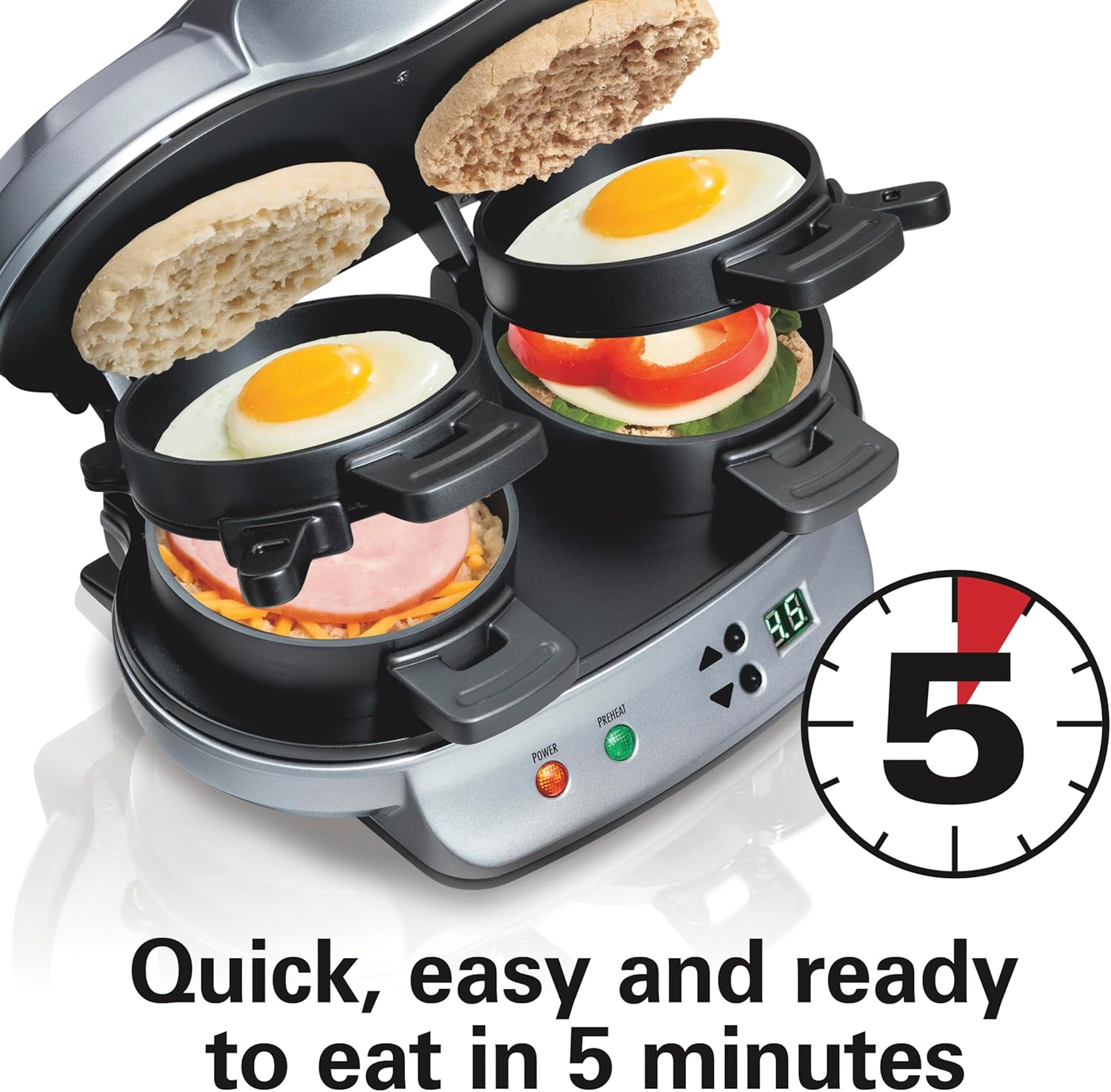 Hamilton Beach Dual Breakfast Sandwich Maker with Timer, Ready in 5 Mi