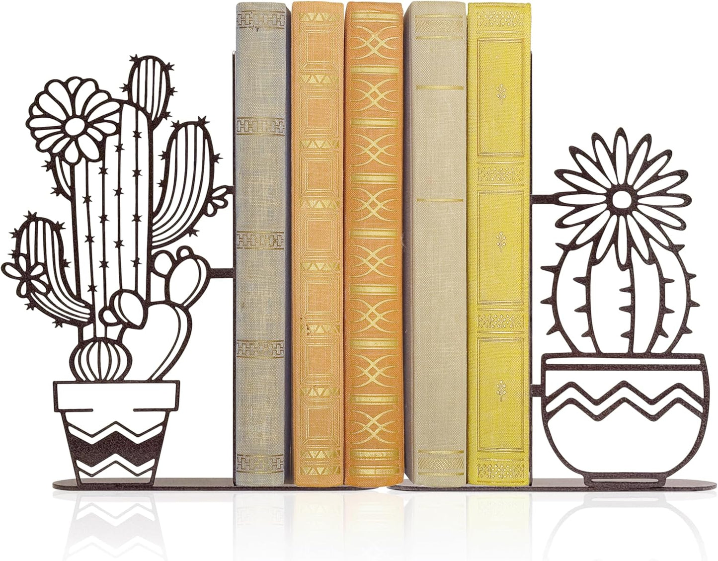 Metal Cactus Planter Book Ends, Dual Wave Pot Design Unique Cute Bookends with Rust Proof Coating, Home Office Decor & Gift for Book Lovers(Brown)