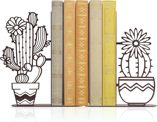 Metal Cactus Planter Book Ends, Dual Wave Pot Design Unique Cute Bookends with Rust Proof Coating, Home Office Decor & Gift for Book Lovers(Brown)