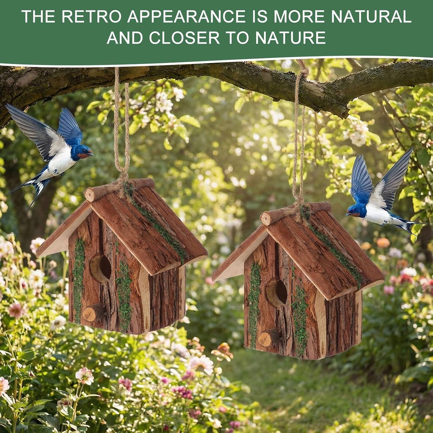 1 Pcs Birdhouses for Outside Wooden Bird House with Moss Accent Hanging Design Birdhouse Natural Bark Finish Warm and Waterproof Rustic Bluebird House Cardinal Wren Hummingbird Garden