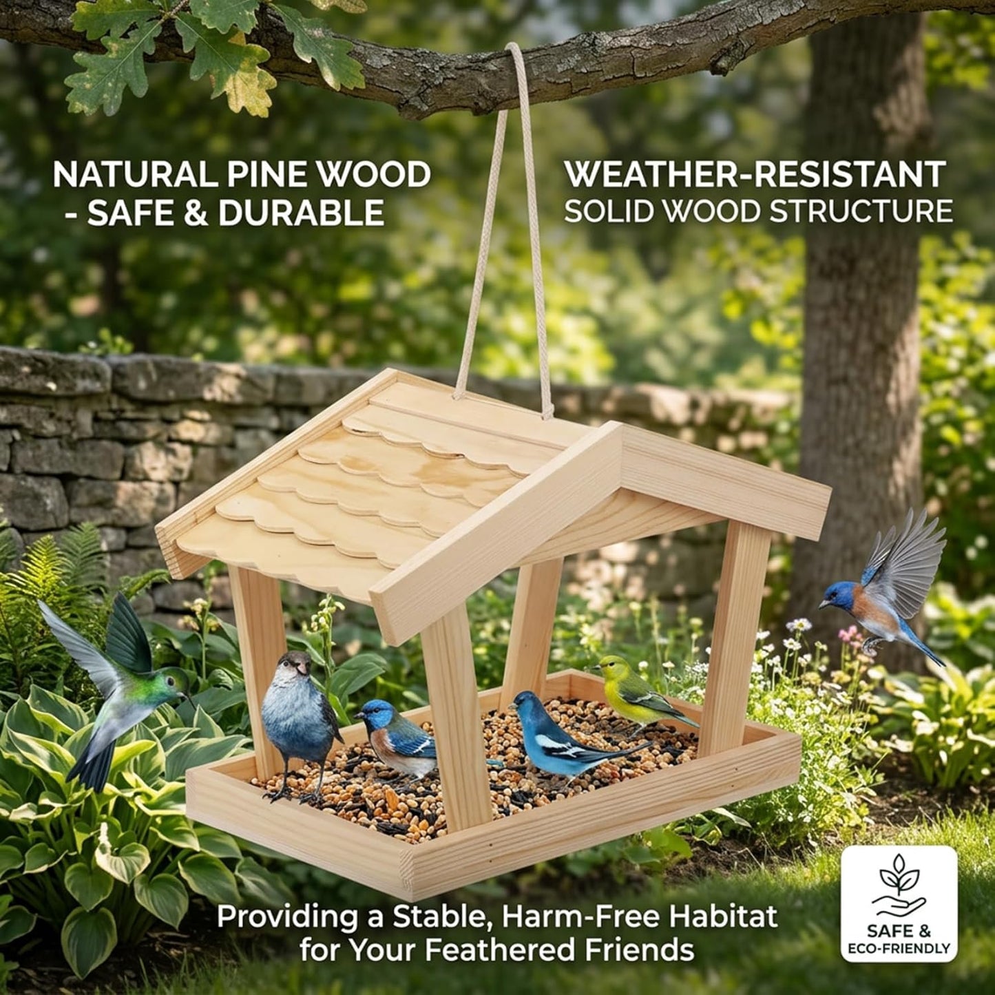 Hanging Bird Feeder, Natural Pine Wood Outdoor Bird House with Creative Roof, Seed Catcher for Wild Birds, 11.4x6.3x7.5 Inch.